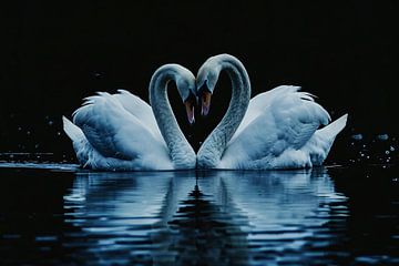 Two swans in heart shape on water by Art & Soul Creations