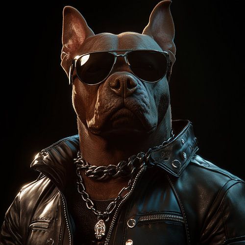 Gefährlicher Pitbull-Hund in Lederjacke Porträt