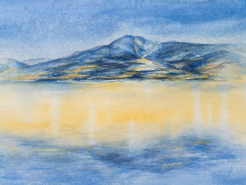 Blue mountain and reflection of sunlight in the sea by Adriana Mueller