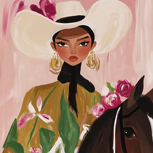 Zwischen Blumen und Freiheit – elegante Cowgirl mit weißem Cowboyhut und Pferd