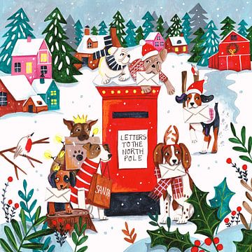 Honden in de sneeuw Kerst post dorp van Caroline Bonne Müller