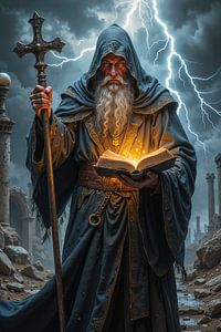 Dark Fantasy Wandbild: MONTHERION – Ein Mönch liest aus seinem magischen Buch