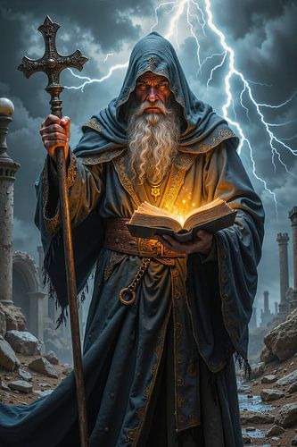 Dark Fantasy Wandbild: MONTHERION – Ein Mönch liest aus seinem magischen Buch