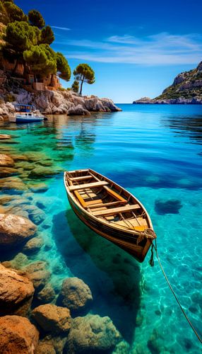 Vissersbootje voor Anker in Baai van Grieks Dropje