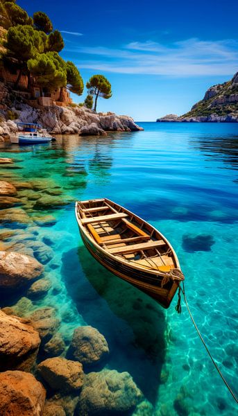 Fishing boat off Anchor in Bay of Greek Licorice by Vlindertuin-Art