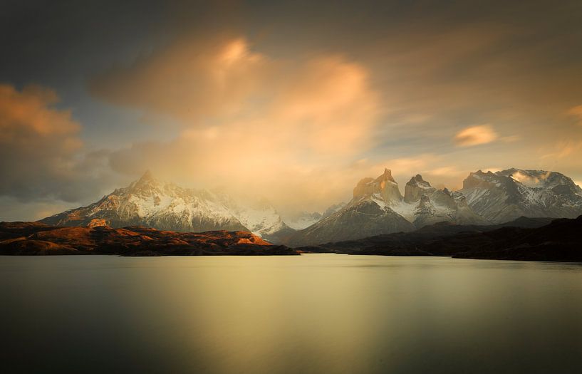 Paine mountain range in Chilean Patagonia at sunrise by Chris Stenger