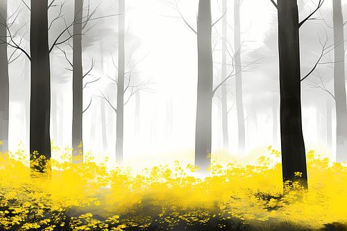 Mistig bos met gele bloemen