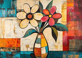 Vase with Pink and Yellow Flowers by ARTEO Paintings