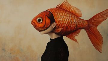 Vrouw met goudvis hoofd surrealistisch surrealisme panorama van TheXclusive Art
