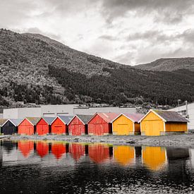 Coloured fishermen's cottages on the Storfjord in Stordal Norway by Benjamien t'Kindt