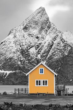 Wooden house in orange in front of mountain