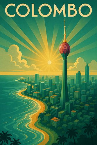 Vintage Colombo Poster - Lotus Toren en Oceaan Horizon