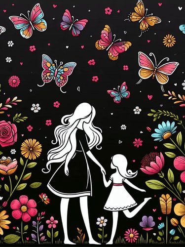 Mother & Daughter Silhouette with Butterflies