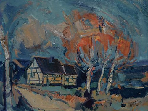 Vakwerkhuis met rode bomen