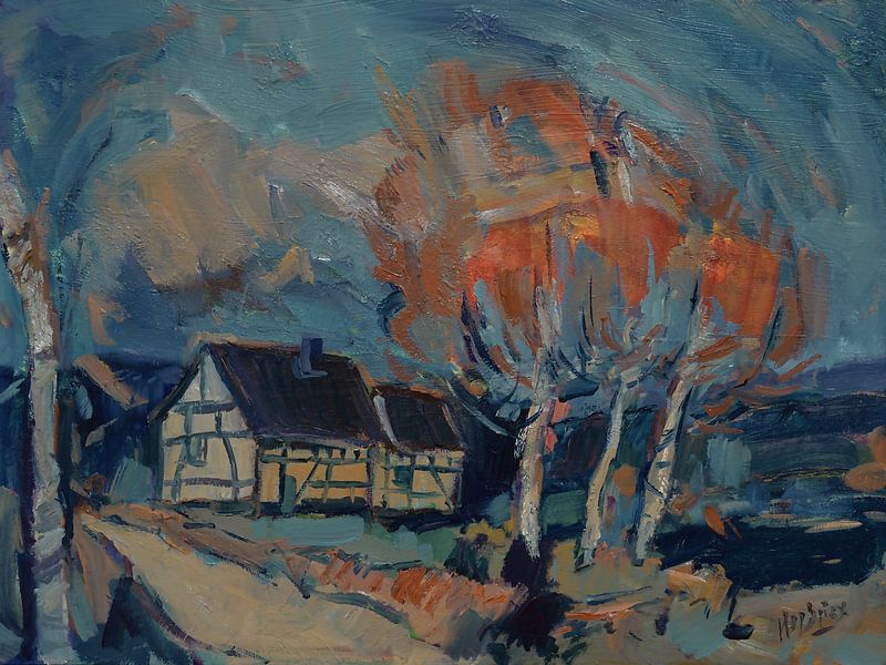Half-timbered house with red trees by Nop Briex
