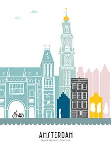 Illustration de la ligne d'horizon de la capitale Amsterdam | Mokum en couleur sur Mevrouw Emmer