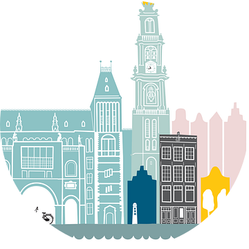 Skyline illustratie hoofdstad Amsterdam | Mokum in kleur van Mevrouw Emmer