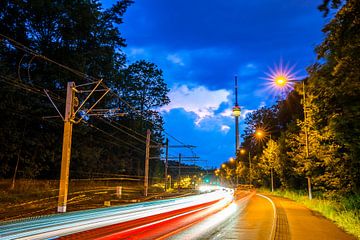 Germany, Thundery atmosphere over television tower of stuttgart by adventure-photos