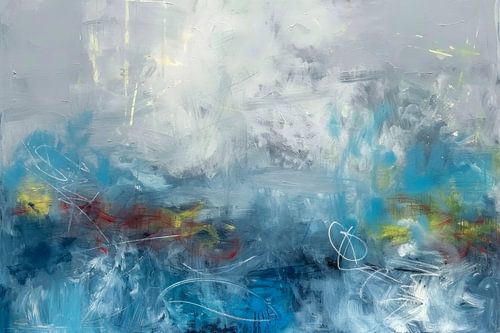 Abstract schilderij, grijs en blauw met accenten van geel, rood en wit