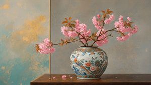 Ruhiges Stillleben mit rosa Kirschblüten in einer asiatischen Vase