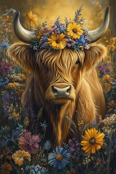 Highlander écossais avec couronne de fleurs par Eva Lee