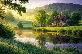 Reetdachhaus in Teichlandschaft gespiegelt