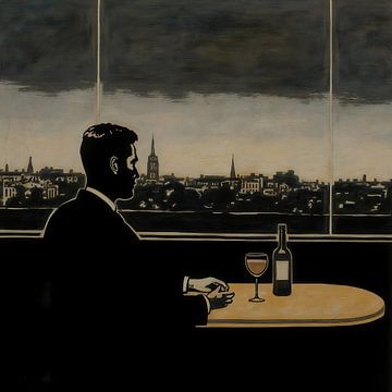 Solitary man sits at a table
