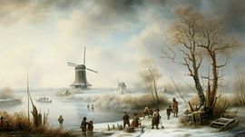 Dutch winter landscape painting with windmill by Preet Lambon