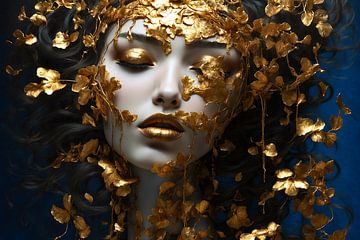 Vrouw met gouden make-up, sieraden en decoraties van Jan Bouma op canvas van Jan Bouma