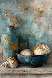 Coquillages -  Tableau de nature morte onirique en bleu sur Jorali Beaux-Arts
