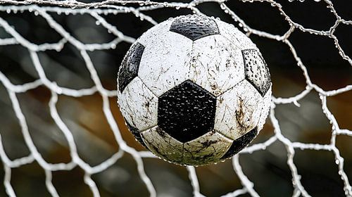 Modderig voetbal in het net