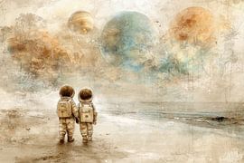 Astronauts by the Sea - Dreamy Children's Illustration by Peter Pen Drawings and Paintings