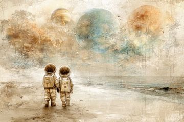 Astronauten aan Zee - Dromerige Kinderillustratie van Peter Pen tekeningen en schilderijen