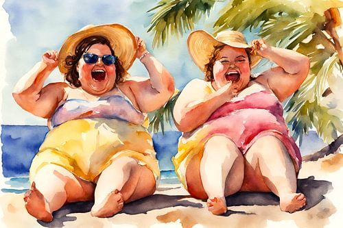 2 gezellige dames hebben veel plezier op het strand