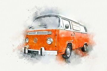 VW Bus Type 2 Hippie Vanlife in Oranje Waterverf van Andreea Eva Herczegh