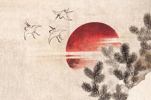 Vogels en zonsondergang door Katsushika Hokusai's