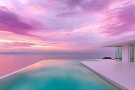 Infinity-Pool mit Meerblick – verträumtes rosa Foto von BowiScapes – Kunst und urbane Wandgestaltung