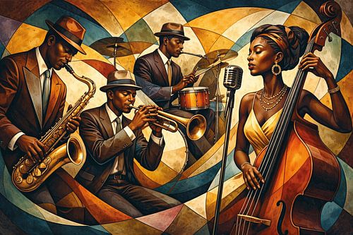 Schilderij van een jazzband.