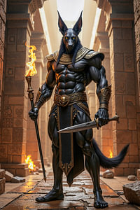 Fantasy Pharao Art Wandbild: ANUBRAX - Anubis mit Schwert und Fackel im Tempel der Toten