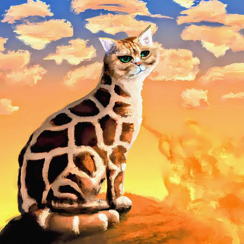 Fantasie kat met giraffe vlekken bij zonsondergang