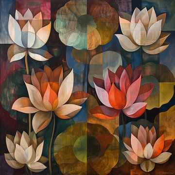 Fleurs de lotus cubisme vintage sur TheXclusive Art