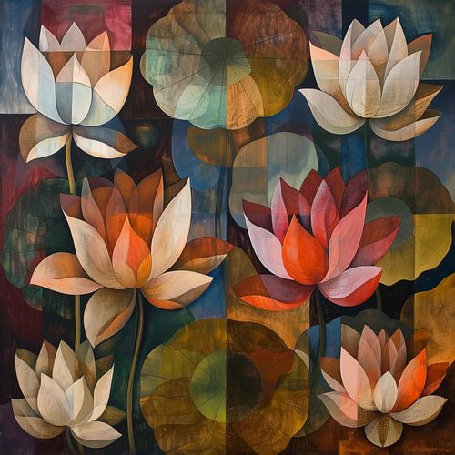 Lotus flowers vintage cubism