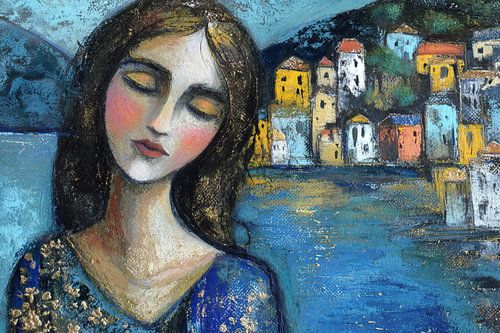 Woman with colourful houses