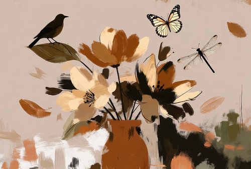 Bloemen, vogels en vlinders in warme tinten