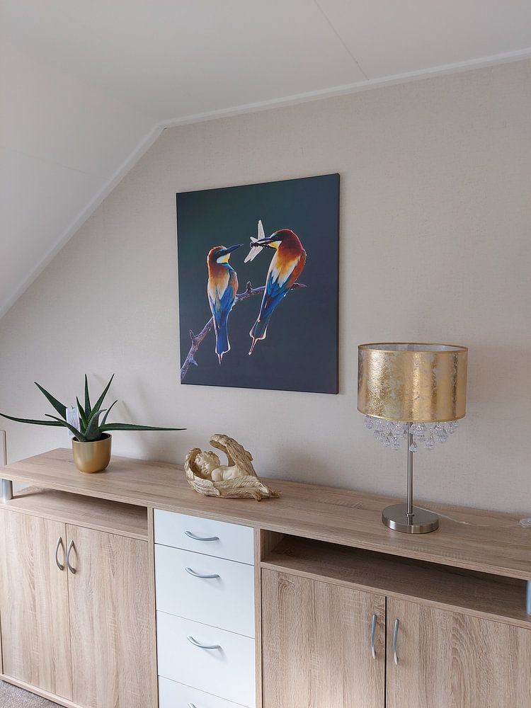 Bienenfresser-Paar (Merops apiaster) mit Hintergrundbeleuchtung von Beschermingswerk voor aan uw muur