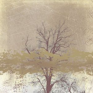 Œuvre d'art moderne avec des arbres et des textures dans des tons de beige, d'or et de rouge