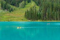 Kanoërs op Emerald Lake met turquoise water en bomen op de achtergrond