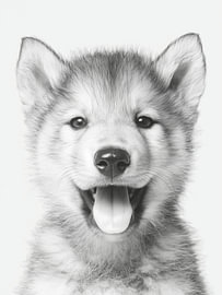 Happy Wolf Pup Portrait – Black and White Animal Art by StudioRemier