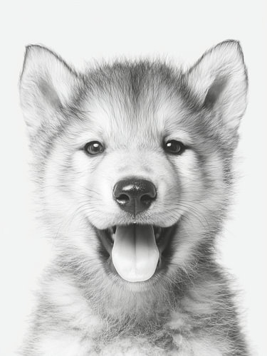 Fröhlicher Wolfswelpe – Tierkunst in Schwarzweiß