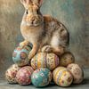 Lapin de Pâques sur des œufs de Pâques colorés sur But First Framing